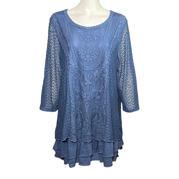 Ali Miles Size 1X Blue Lace Overlay Tunic Top Ruffle Tiered Lagenlook 3/4 Sleeve - Picture 1 of 10
